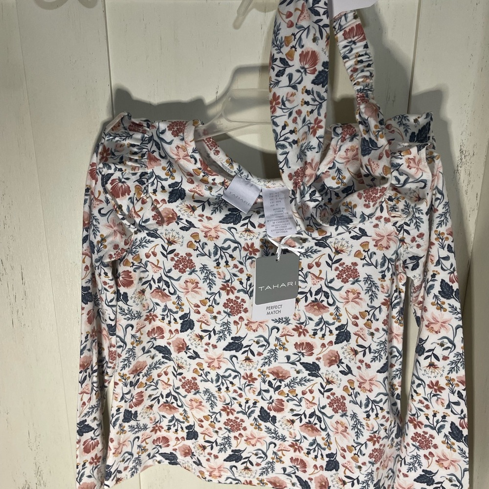 Tahari Kids Long Sleeve woodland Floral tee girls 4T with headband head wrap New